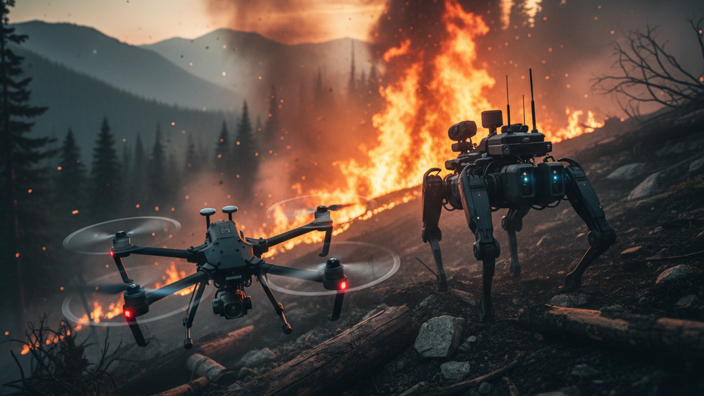 A quadruped robot and a drone in a forest with a wildfire in the background.
